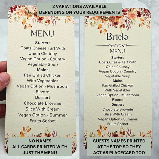 Autumn Fall Flowers Design - Slim Menu Cards (With Guests Names)