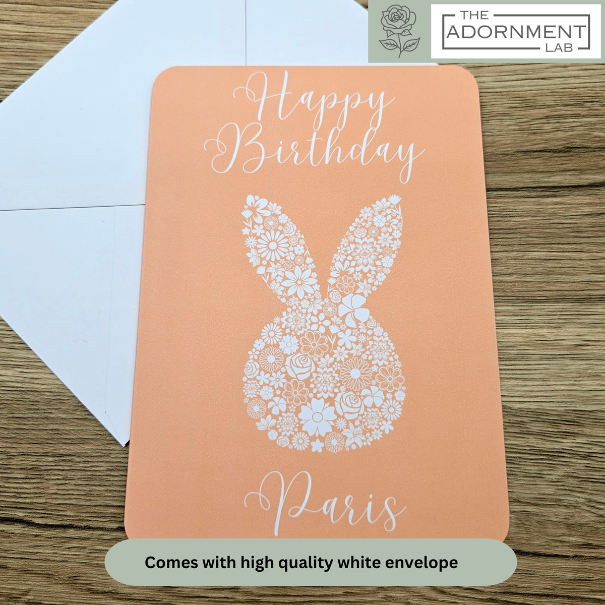 Bunny Bloom Silhouette - Happy Birthday - Greetings Cards - Peach (Personalised)