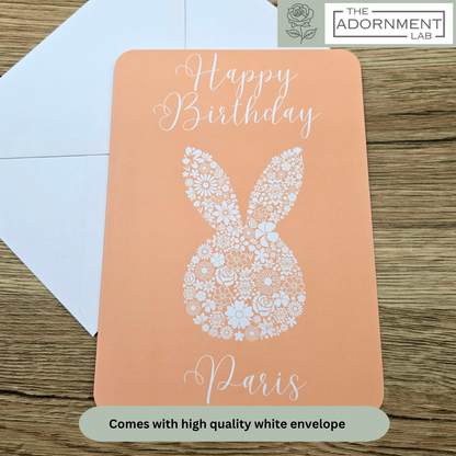 Bunny Bloom Silhouette - Happy Birthday - Greetings Cards - Peach (Personalised)