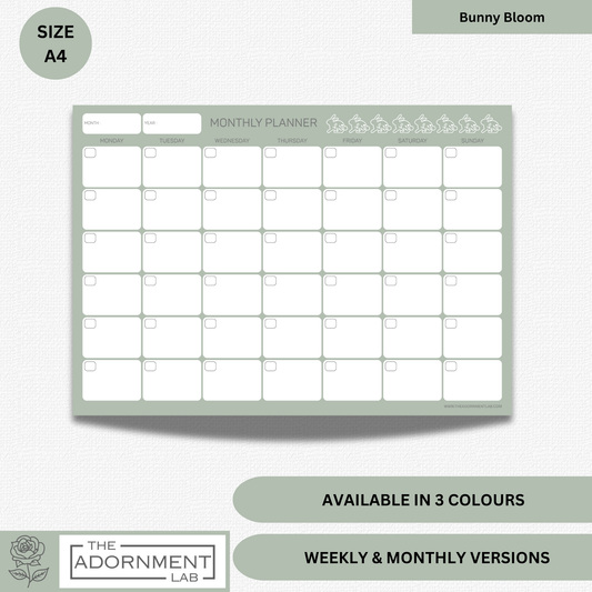 Bunny Bloom - A4 Digital Printable Monthly Planners - Sage