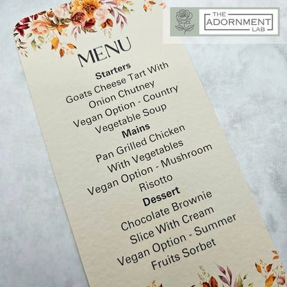 Autumn Fall Flowers Design - Slim Menu Cards (Without Guests Names)
