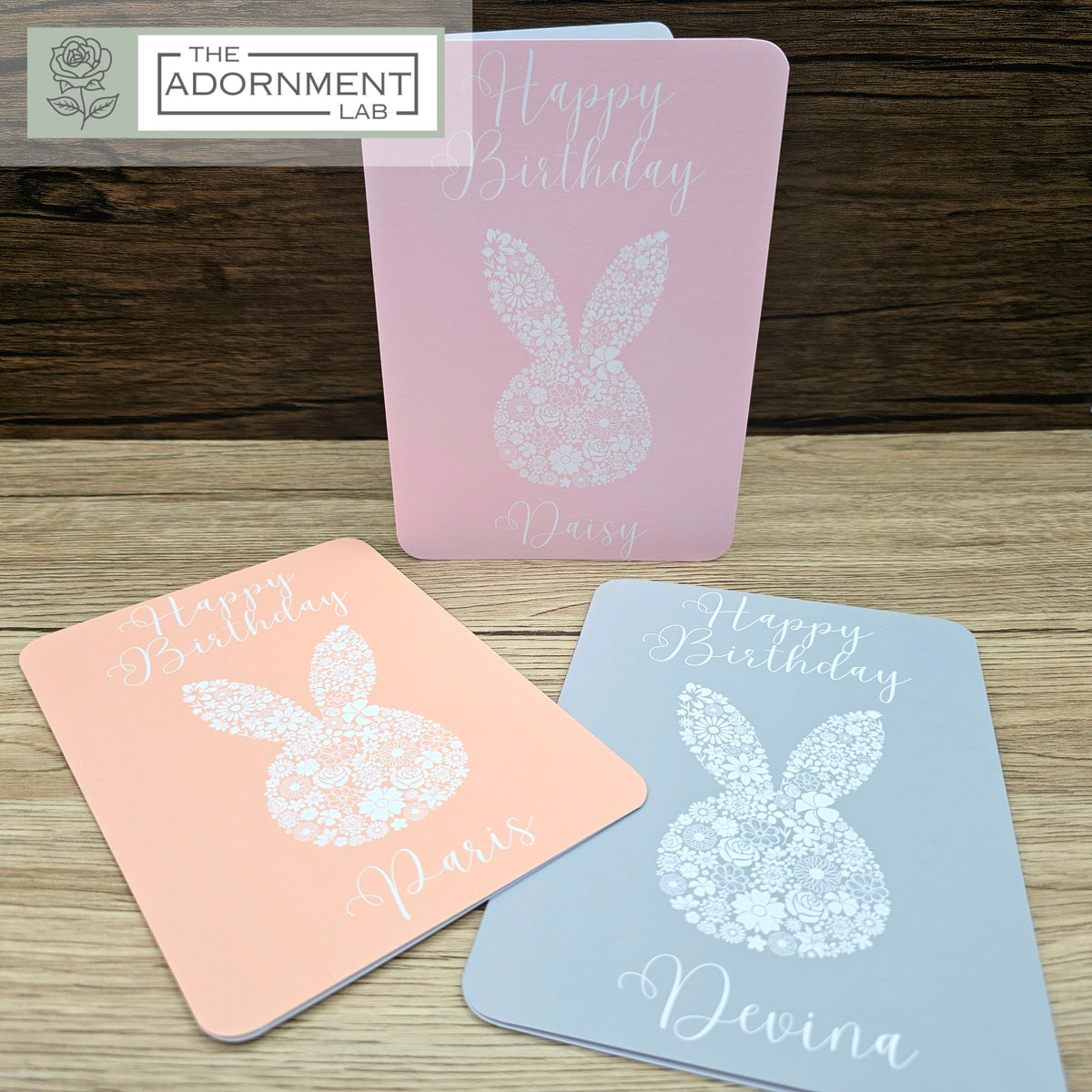 Bunny Bloom Silhouette - Happy Birthday - Greetings Cards - Peach (Personalised)