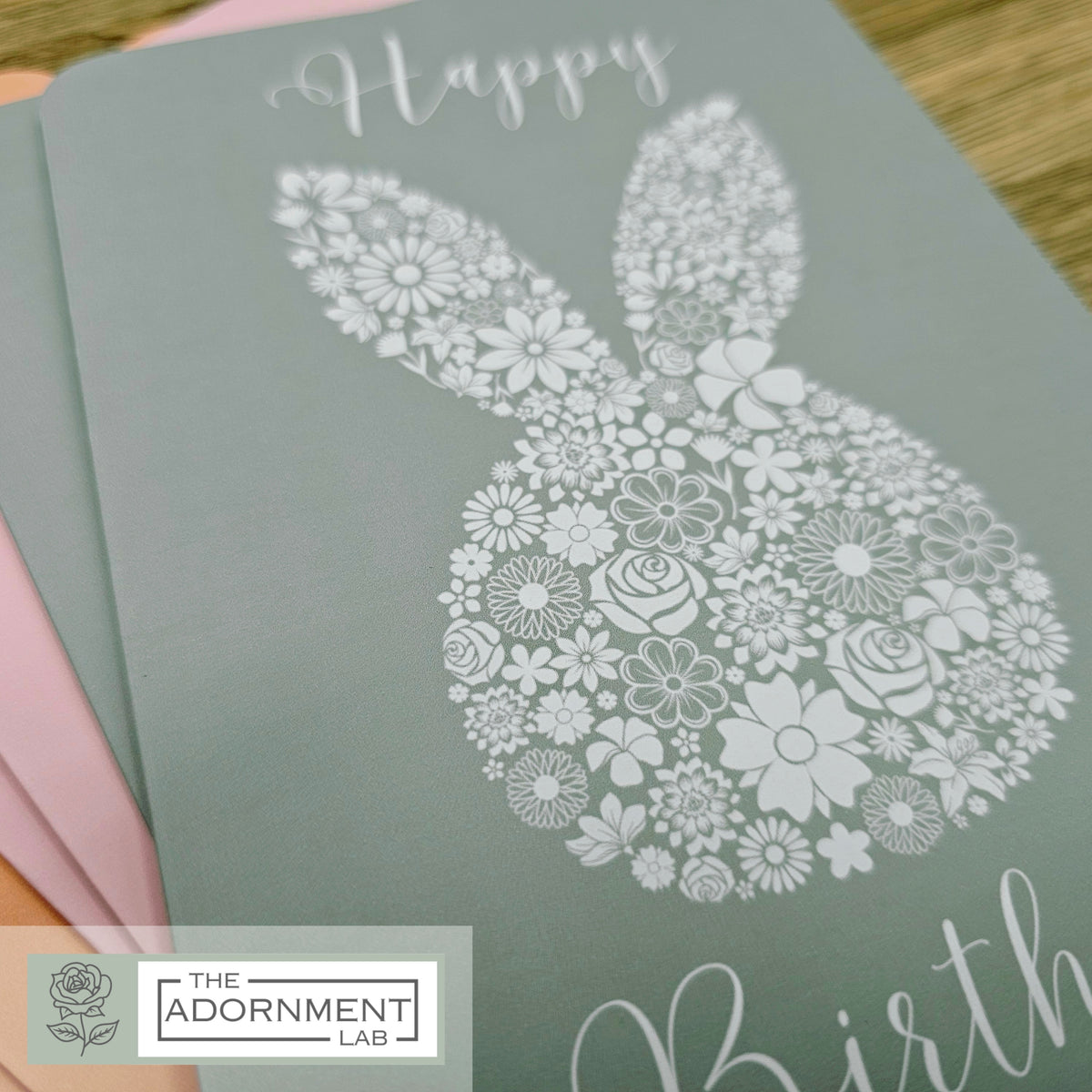 Bunny Bloom Silhouette - Happy Birthday - Greetings Cards - Peach