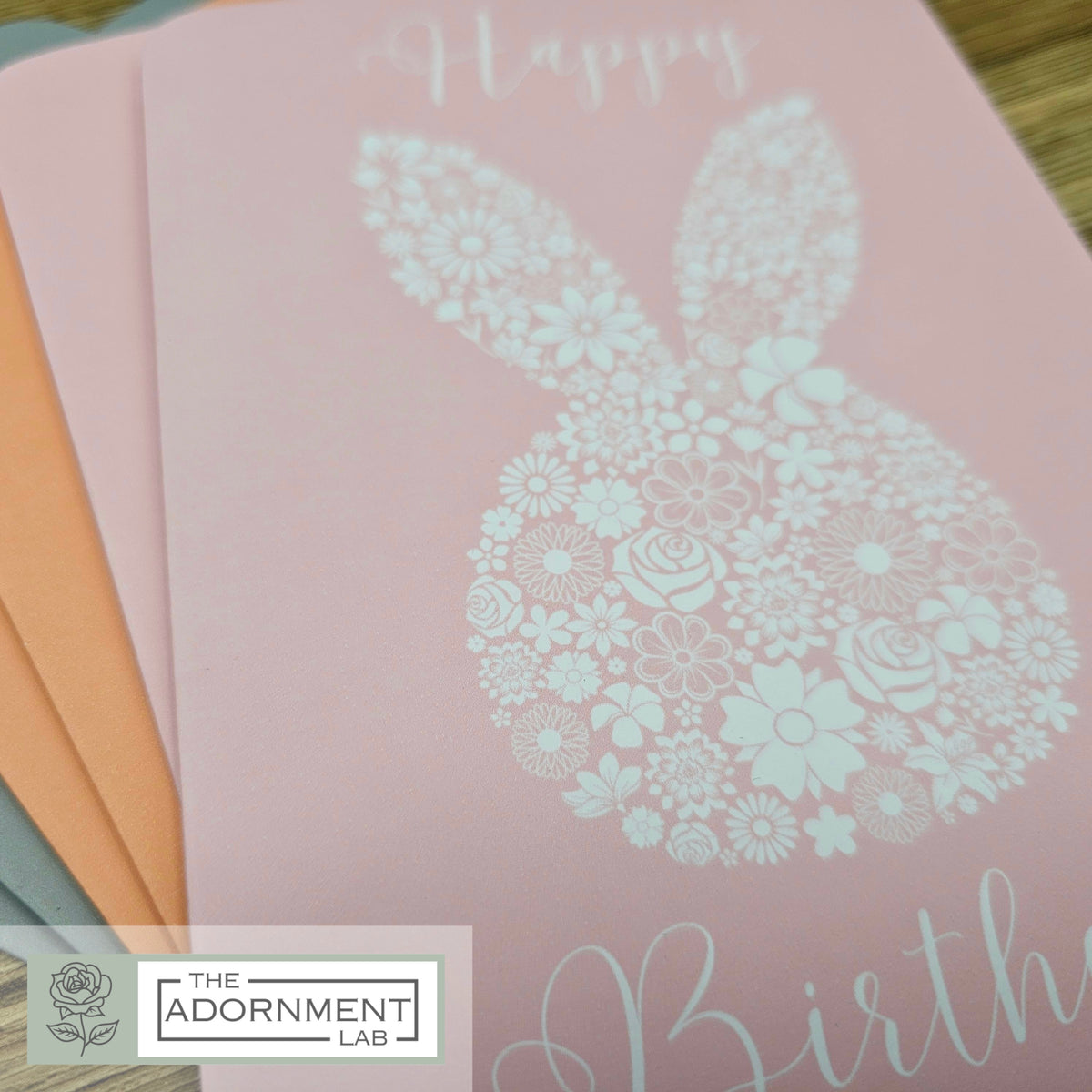 Bunny Bloom Silhouette - Happy Birthday - Greetings Cards - Peach