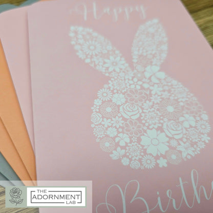 Bunny Bloom Silhouette - Happy Birthday - Greetings Cards - Peach