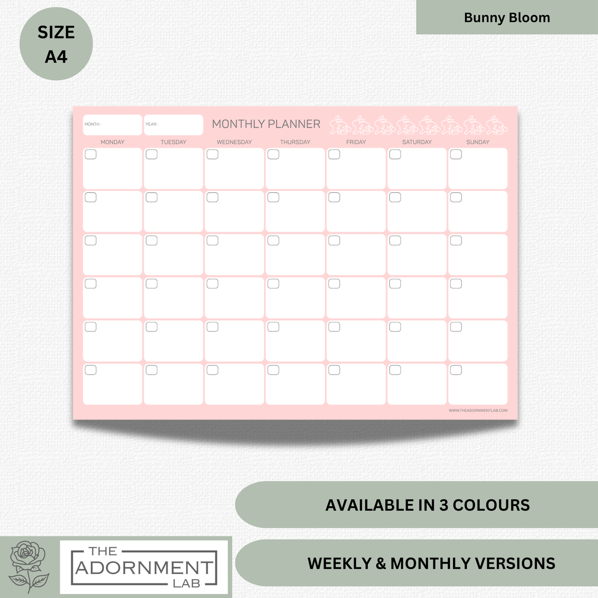 Bunny Bloom - A4 Digital Printable Monthly Planners - Pink