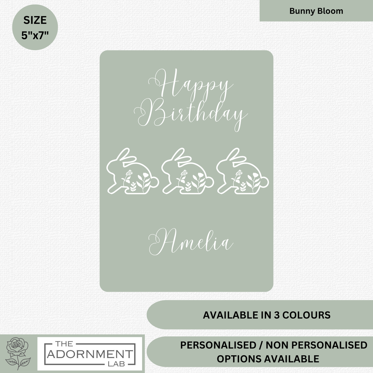Bunny Bloom - Happy Birthday - Greetings Cards - Sage (Personalised)