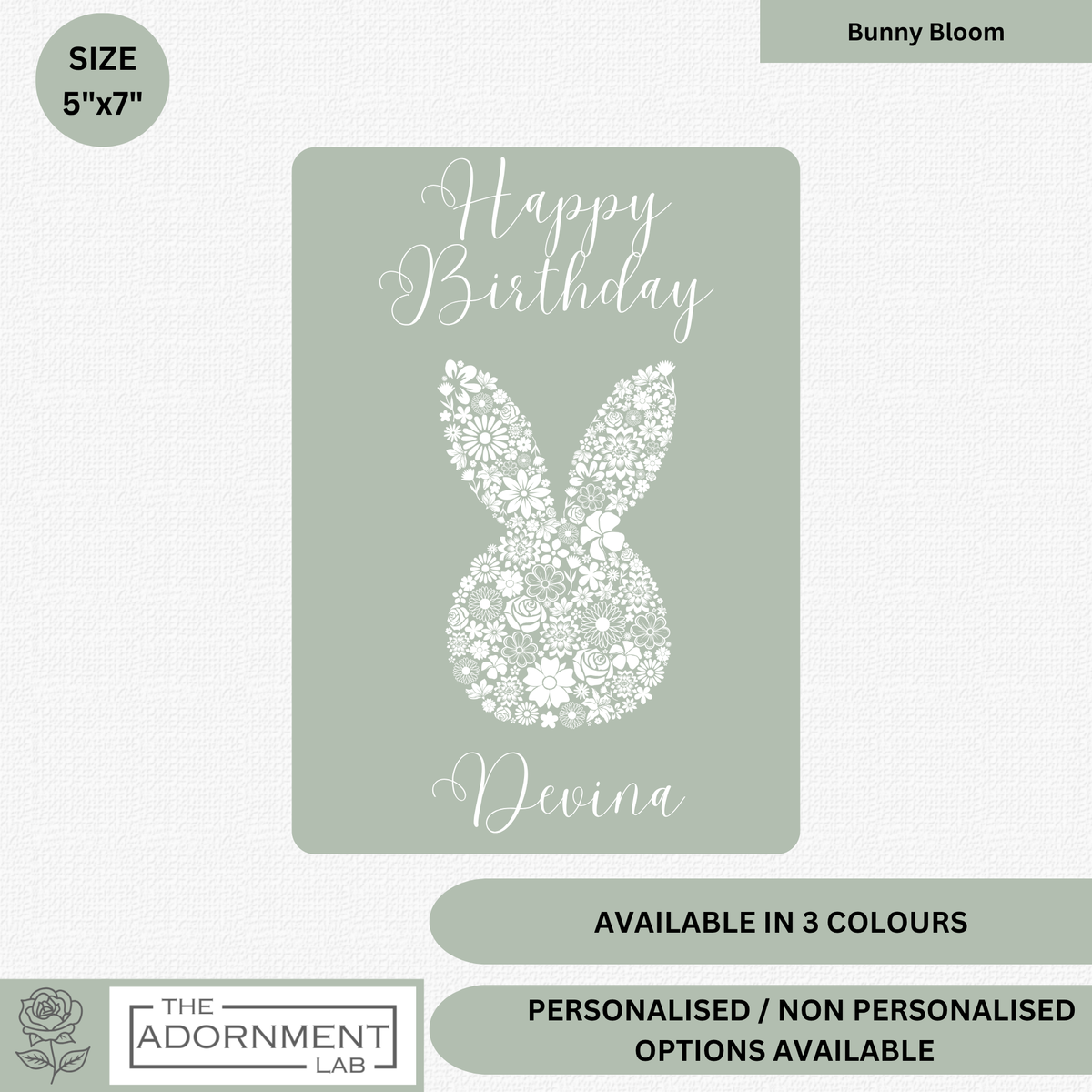 Bunny Bloom Silhouette - Happy Birthday - Greetings Cards - Sage (Personalised)