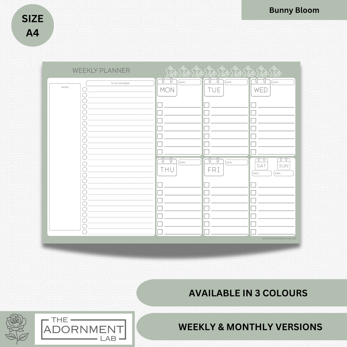 Bunny Bloom - A4 Digital Printable Weekly Planners - Sage
