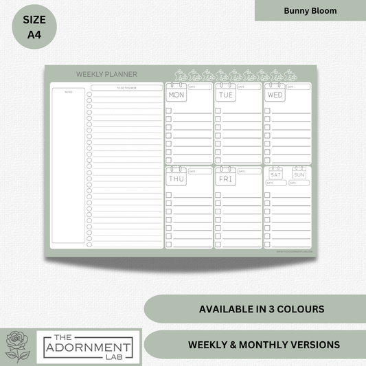 Bunny Bloom - A4 Digital Printable Weekly Planners - Sage