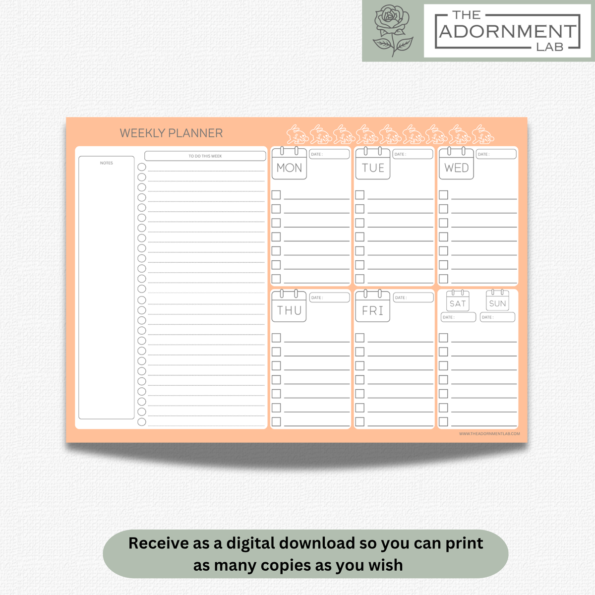 Bunny Bloom - A4 Digital Printable Monthly Planners - Peach