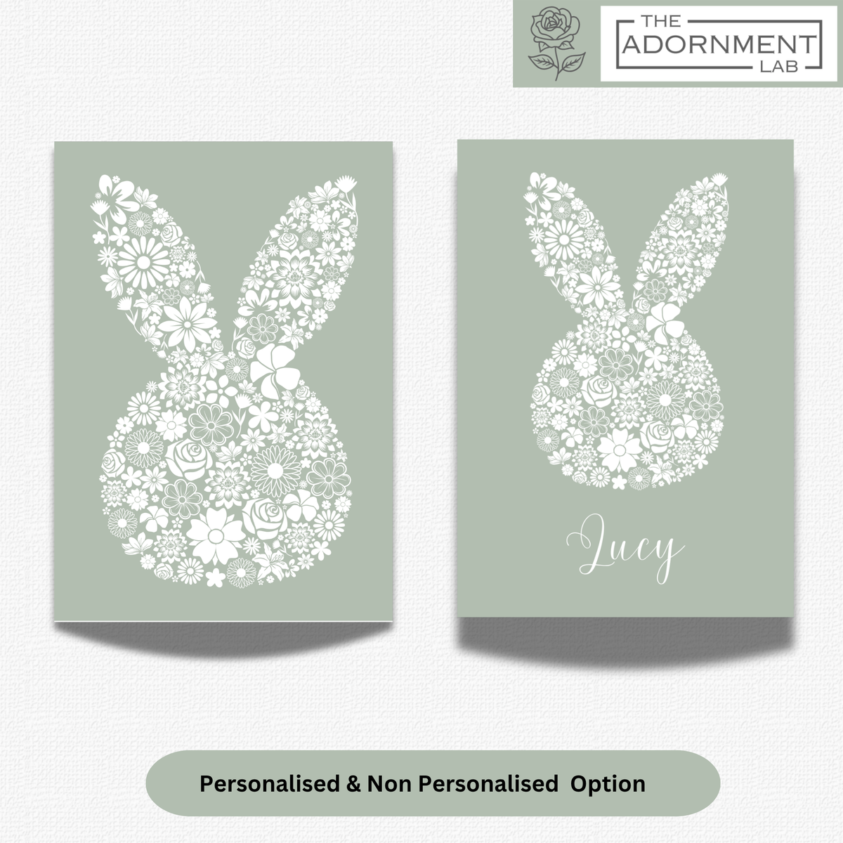 Bunny Bloom Silhouette - A5 Art Print - Sage (Personalised)